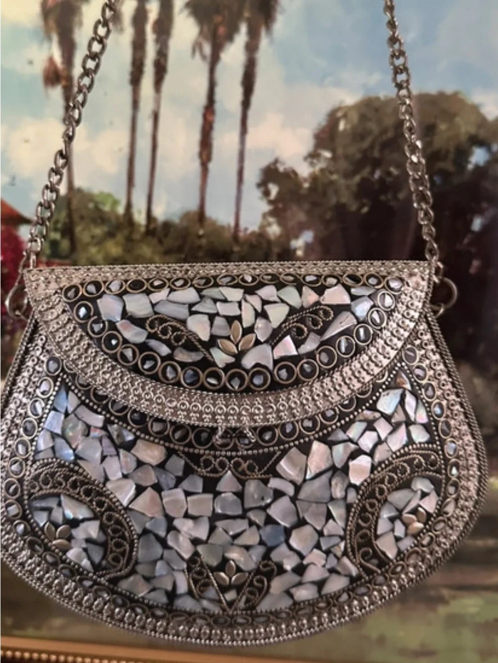 Elegant Mother-of-Pearl Mosaic Crossbody Bag - Silver Accent